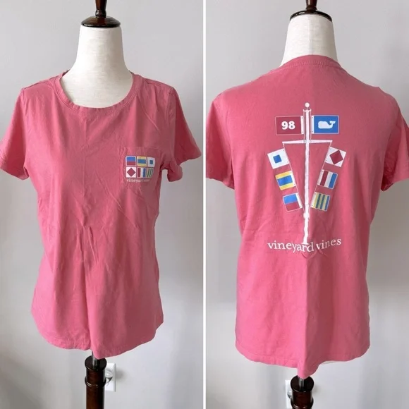 Vineyard Vines “Flags” Graphic Front Pocket Fitted Tee Shirt - Salmon Pink - Picture 1 of 7